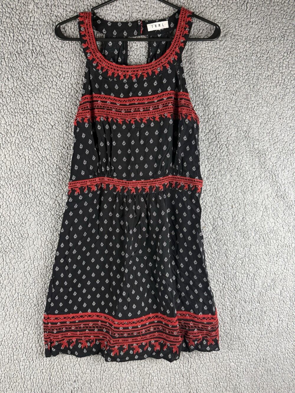 THML Black White Red Embroidered Sleeveless Dress Open Back Size Large